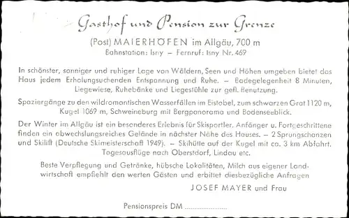 Ak Maierhöfen im Allgäu, Gasthof und Pension zur Grenze, Inh. Josef Mayer