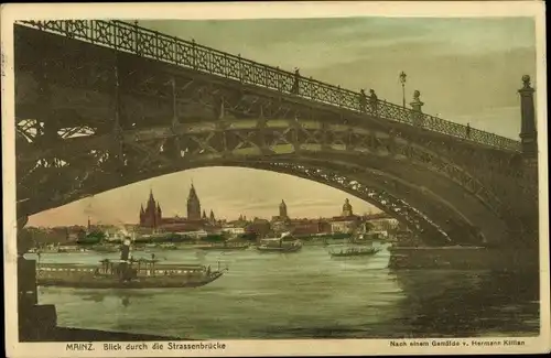 Künstler Ak Killian, Hermann, Mainz am Rhein, Blick durch die Straßenbrücke, Schiffe