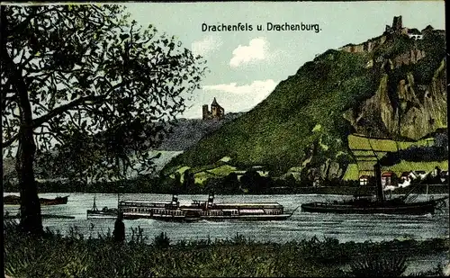 Ak Königswinter am Rhein, Drachenfels, Drachenburg, Schiffe