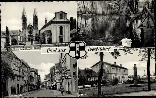 Ak Werl in Westfalen, Wallfahrtsbasilika, Bahnhof, Kurpark, Steinerstraße, Reklame Opel, Wappen