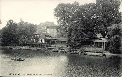 Ak Düsseldorf am Rhein, Schwanenspiegel mit Fischerhaus, Ruderboot