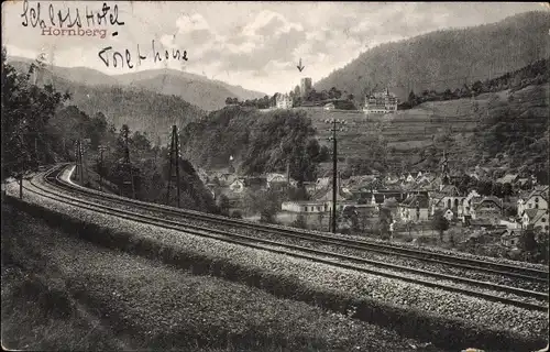 Ak Hornberg im Schwarzwald, Schlosshotel, Panorama, Eisenbahnschienen