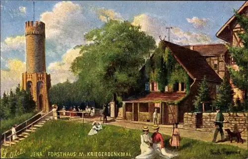 Künstler Ak Jena in Thüringen, Forsthaus und Kriegerdenkmal, Aussichtsturm, Tuck 179 B