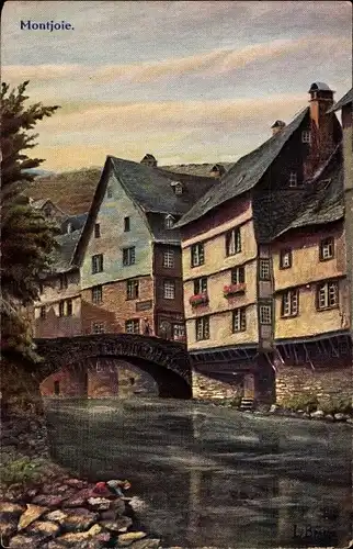 Künstler Ak Braun, Monschau Montjoie in der Eifel, Rur mit Brücke, alte Häuser