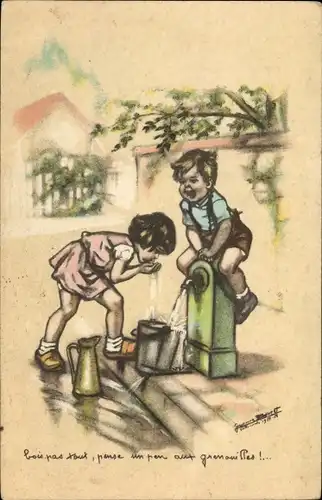 Künstler Ak Bouret, Germaine, Kinder am Brunnen