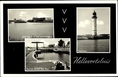 Ak Hellevoetsluis Südholland, Leuchtturm, Kanal mit Schleuse