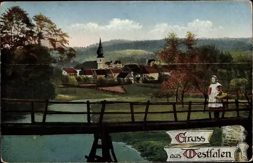 Ak Gruß aus Westfalen, Ortspartie, Kirche, Mädchen auf Brücke, Westfalenlied