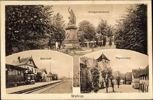 Ak Waltrop im Ruhrgebiet, Bahnhof, Gleisseite, Pfarrkirche, Kriegerdenkmal