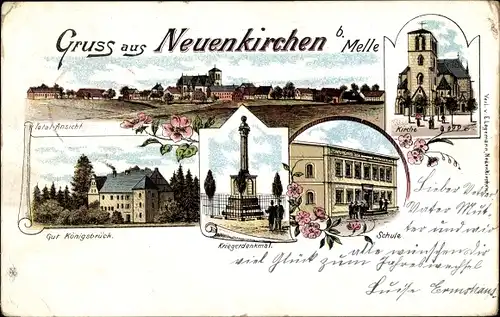 Litho Neuenkirchen Melle in Niedersachsen, Kirche, Schule, Kriegerdenkmal, Gut Königsbrück