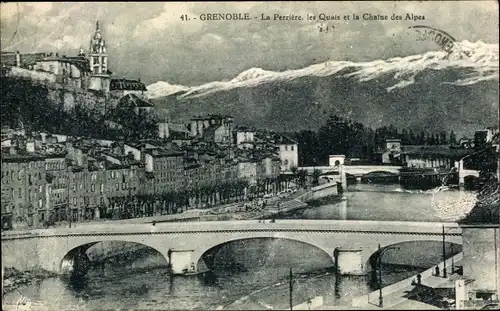 Ak Grenoble Isère, La Perriere, les Quais et la Chaine des Alpes