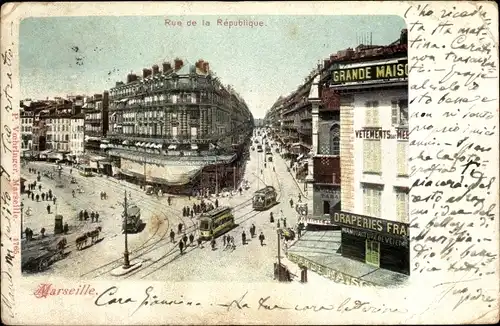 Ak Marseille Bouches du Rhône, Rue de la Republique, Straßenbahn