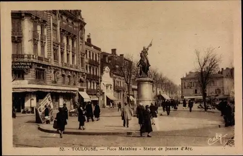 Ak Toulouse Haute Garonne, Place Matabiau, Statue de Jeanne d'Arc