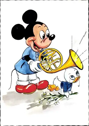 Künstler Ak Walt Disney, Mickey Maus, Das Waldhorn tönt zum Steinerweichen