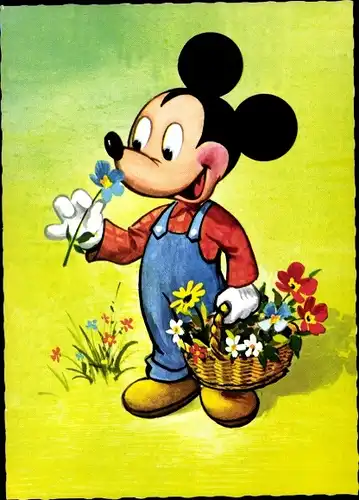 Künstler Ak Walt Disney, Mickey Mouse, Micky Maus, Blumenkorb