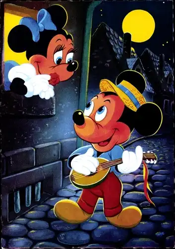 Künstler Ak Walt Disney, Micky Maus spielt Minnie Maus vor dem Fenster ein Ständchen