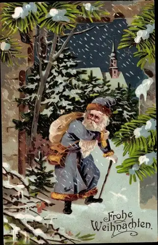 Ak Glückwunsch Weihnachten, Weihnachtsmann im Schneefall