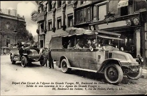 Ak Paris II, Depart d'un Circuit de l'Agence des Grands Voyages, Boulevard des Italiens, Autobus