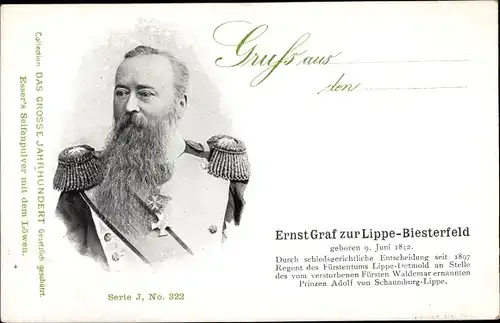 Ak Ernst Graf zur Lippe Biesterfeld, Regent des Fürstentums Lippe Detmold, Esser's Seifenpulver
