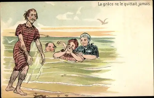 Litho La grace ne le quittait jamais, Mann und Frauen in Badeanzügen