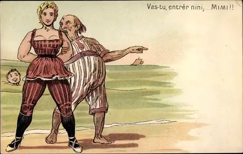 Litho Frau mit großem Busen im Badeanzug, Mann, Strand, Vas tu, entrer nini, Mimi