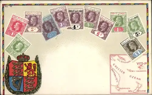 Briefmarken Wappen Litho Fiji, Landkarte, Postage Revenue