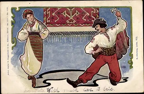 Künstler Ak Tanzpaar in Tracht, Polen, Ukraine?