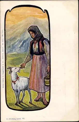 Künstler Ak Wachtel, Wilhelm, Frau in polnischer Tracht, Ziege