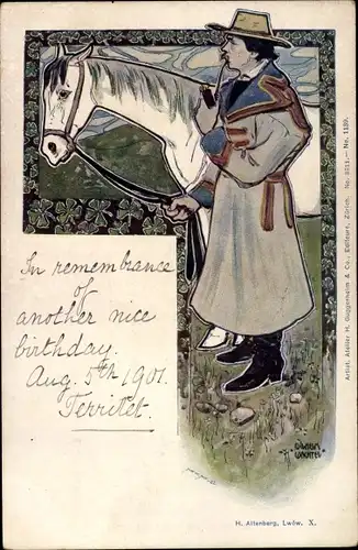 Künstler Ak Wachtel, Wilhelm, Mann in polnischer Tracht, Pfeife, Pferd