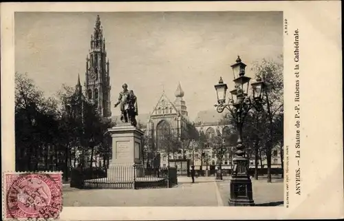 Ak Anvers Antwerpen Flandern, La Statue de Rubens et la Cathedrale