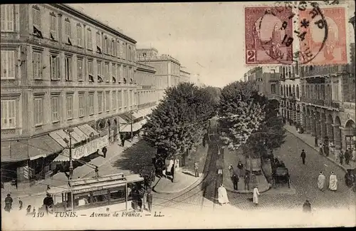 Ak Tunis Tunesien, Avenue de France, Straßenbahn, Geschäfte