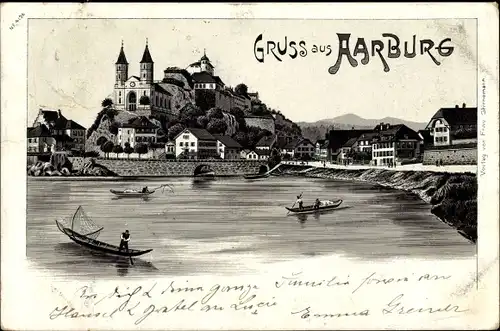 Litho Aarburg Kanton Aargau, Blick auf den Ort, Fischerboote