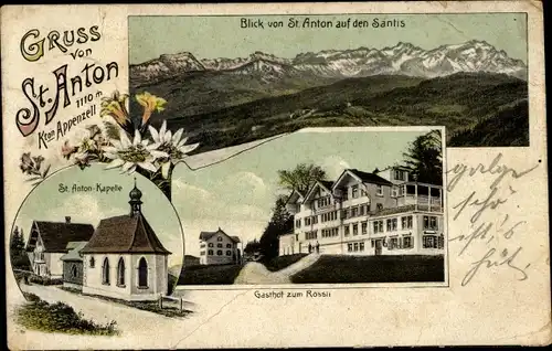 Litho Sankt Anton Oberegg Kt. Appenzell Innerrhoden Schweiz, Gasthof, Kapelle, Säntis