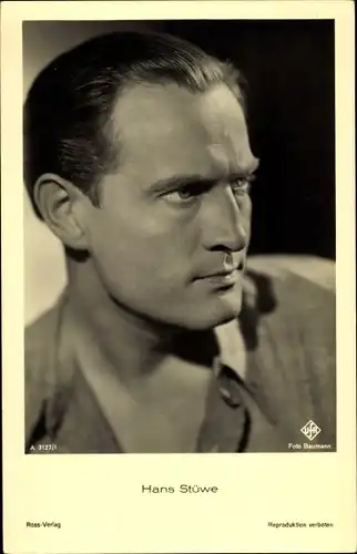 Ak Schauspieler Hans Stüwe, Portrait, Ufa Film, Ross Verlag A 3127 1