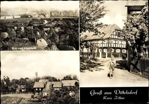 Ak Dittelsdorf in der Oberlausitz Zittau Sachsen, Blick nach Hirschfelde, Kind vor Fachwerkhaus