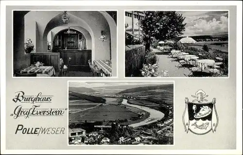 Ak Polle an der Weser, Burghaus Graf Everstein, Wappen, Außen- und Innenansicht, Panorama