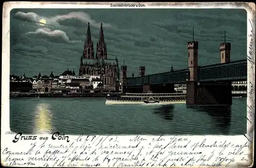 Mondschein Litho Köln am Rhein, Blick über die Eisenbahnbrücke zum Dom