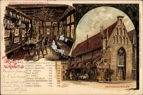 Litho Nürnberg in Mittelfranken, Bratwurstglöcklein, Innenansicht, Stammgäste aus früherer Zeit