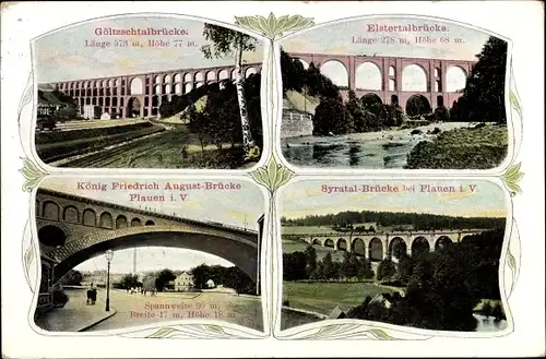 Ak Plauen im Vogtland, König Friedrich August Brücke, Syratal, Göltzschtalbrücke, Elstertalbrücke