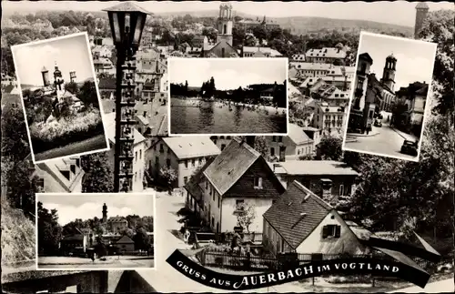 Ak Auerbach im Vogtland, Ortsansicht, Straßenansicht, Platz, Freibad, Turm