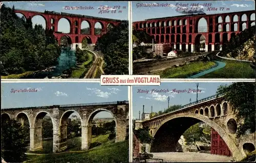 Ak Plauen im Vogtland, König Friedrich August Brücke, Syratal, Göltzschtalbrücke, Elstertalbrücke