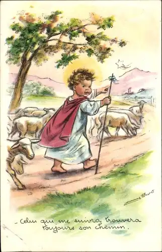 Künstler Ak Bouret, Germaine, Junge als Jesus, Hirte, Schafherde