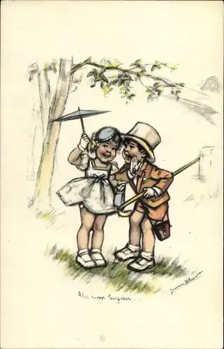 Künstler Ak Bouret, Germaine, Mädchen mit Sonnenschirm, Junge mit Zylinder