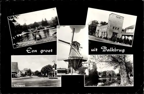 Ak Balkbrug Overijssel, Zuckerfabrik, Windmühle, Freibad, Kreuzung