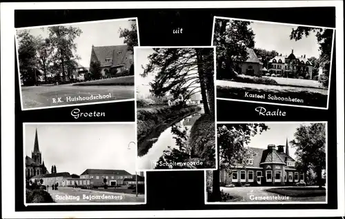 Ak Raalte Overijssel, Kasteel Schoonheten, Gemeentehuis, R. K. Huishoudschool, Stichting