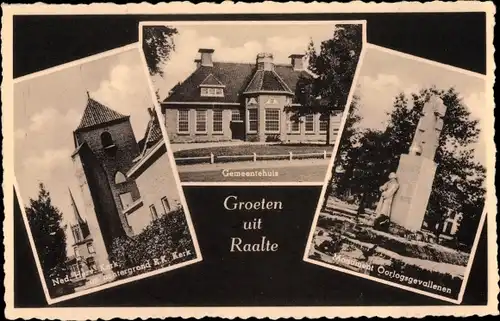 Ak Raalte Overijssel, Ned. Herv. Kerk, Gemeentehuis, Monument Oorlogsgevallenen