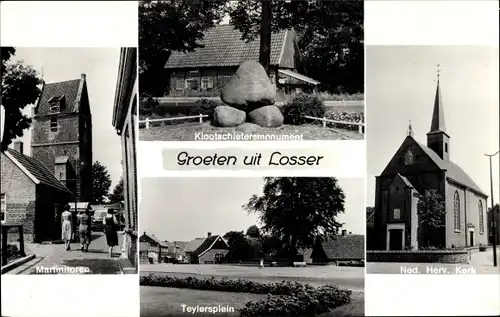 Ak Losser Overijssel Niederlande, Martinitoren, Klootschletersmonument, Teylersplein, Herv. Kerk