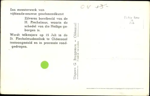 Ak Oldenzaal Overijssel, Borstbeeld van de H. Plechelmus