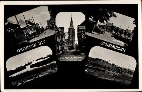 Ak Genemuiden Overijssel Niederlande, N. H. Kerk met Pastorie, Achterweg, Havenbrug