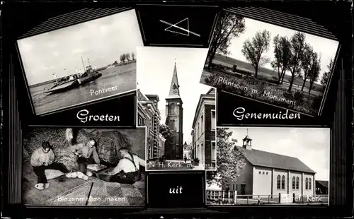 Ak Genemuiden Overijssel Niederlande, Pontveer, N. H. Kerk met Pastorie, Geref. Kerk, Monument