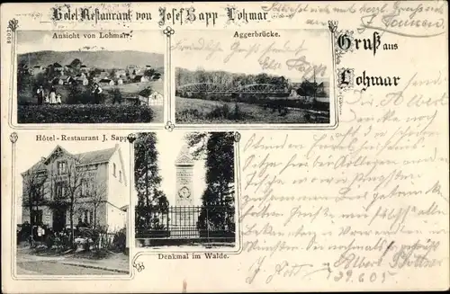 Ak Lohmar in Nordrhein Westfalen, Hotel, Denkmal im Wald, Aggerbrücke